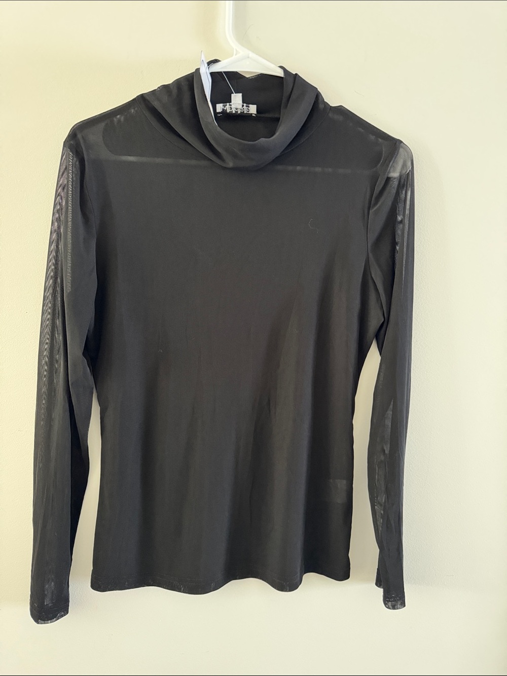 Adore Black Sheer-Sleeve Mock Neck Top